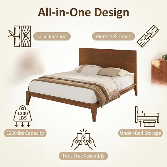 Queen Size Bamboo Platform Bed, Mid-Century Modern Brown Bed Frame