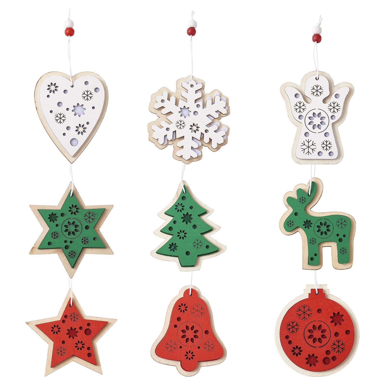 DAHI Décoration de Noël - Pendentif en bois rouge - Décoration de Noël - Pendentif de Noël - Boules de Noël - Cœur, étoile et renne (blanc rouge C
