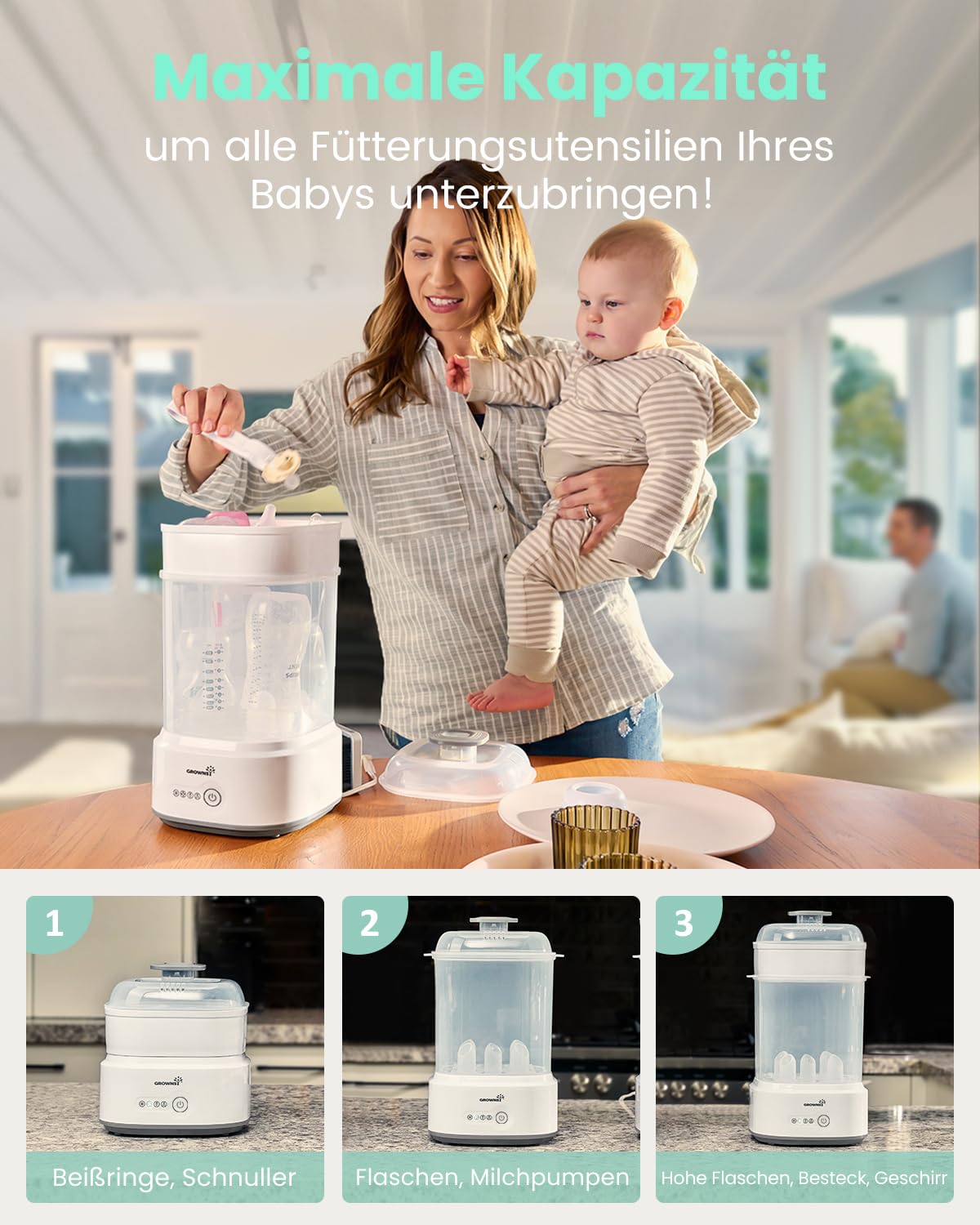 Grownsy Sterilisator für Babyflaschen mit Trocknerfunktion, 5-in-1 Dampfsterilisator Baby, Elektrischer Flaschensterilisator & Trockner, Schnell & Hygienisch, für Babyflaschen, Milchpumpen-Zubehör