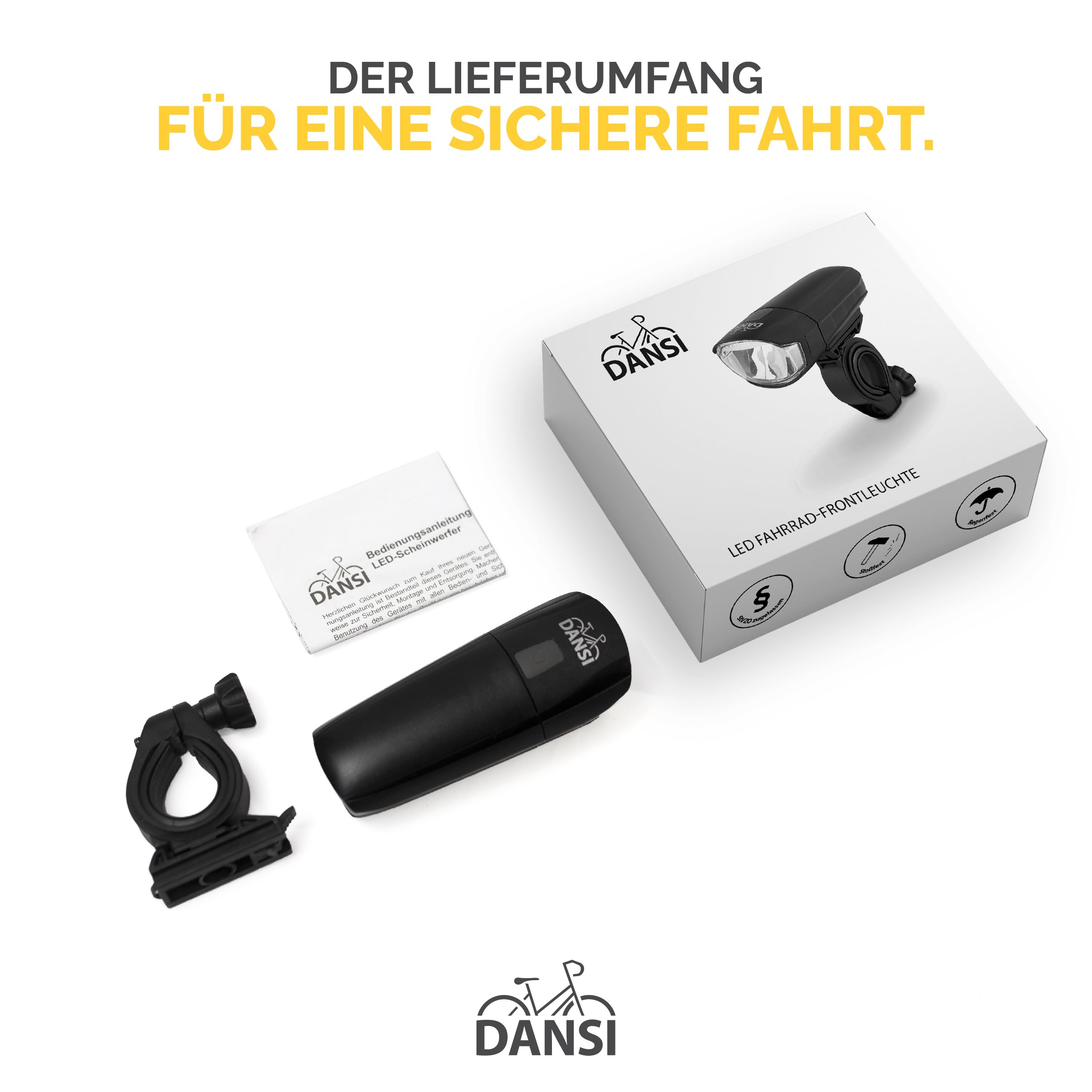 DANSI Fahrrad Licht LED Fahrradbeleuchtung StVZO zugelassen Fahrradlicht vorne Fahrradlampe umschaltbar 15-70 Lux Rücklicht & Frontleuchte Regenfest Bike Light