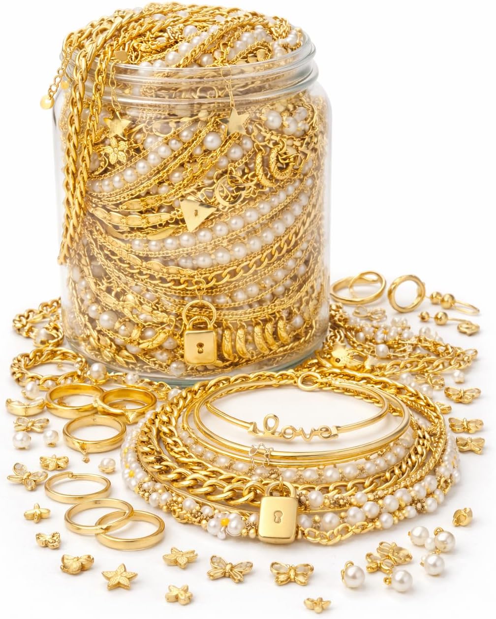 Mystery Jewelry Jar - 94 + premium quality Jewelry mystery box for Women Gift Set, Unique Birthday Gift for Her (hoop earring sets - rings - gold necklace stack - gold bracelet stack - anklets - bangels) - gold jewelry sets for women - a nail charms - ring sizer gift inside the jar - women's jewelry - fashion jewelry