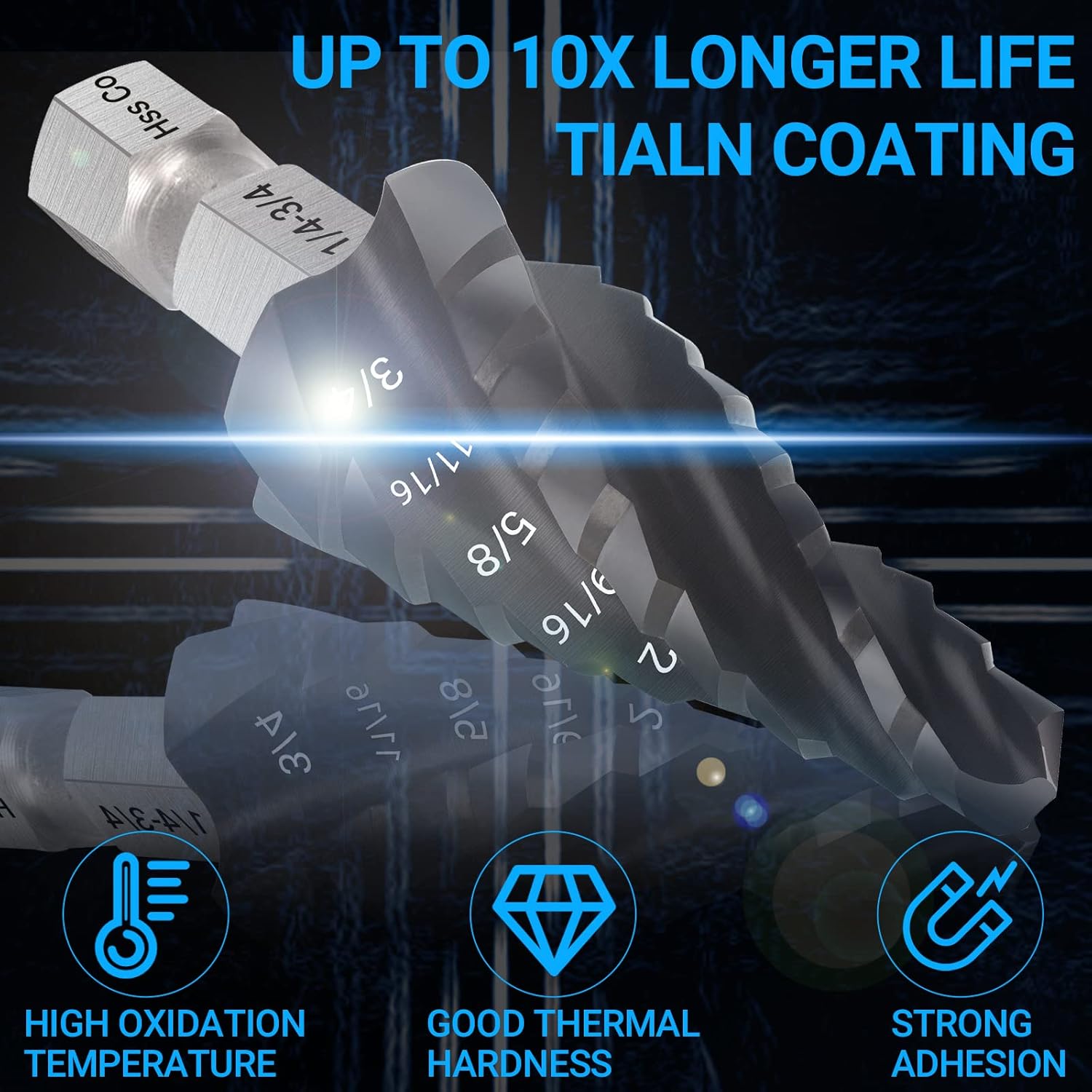 MABLEVI M35 Four Spiral Flute Cobalt Step Drill Bit Set 1/8"-7/8", Wear-Resistant TiAlN Coated 1/4" Hex Shank Unibit Step Bit for Metal, Stainless Steel, Aluminum, Wood, Plastic（3Pcs）