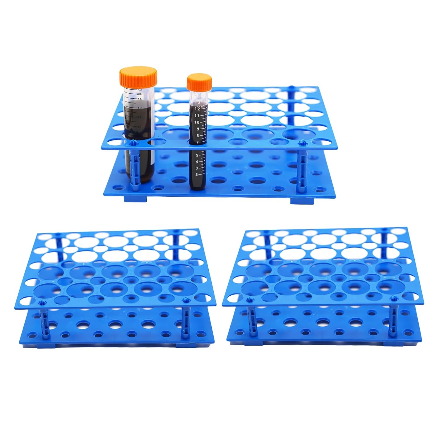 MengQi Test Tube Rack, Centrifuge Tube Holder for 10ml, 15ml, 50ml, Detachable Plastic Stand, 50 Well (3 Pack - Blue)