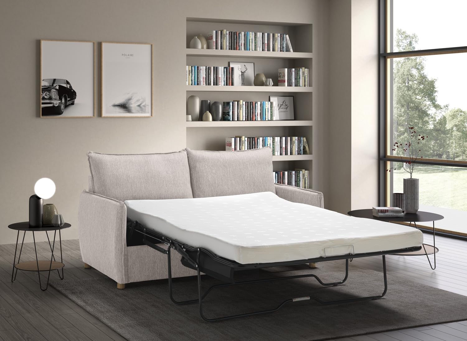 EVERGREENWEB - Divano Letto a 2 Posti con Materasso Memory 140x190, Sofà Soggiorno con Piedi in Legno Design Moderno, Struttura Rinforzata Pieghevole, Tessuto Beige Antimacchia, Cuscini Estraibili