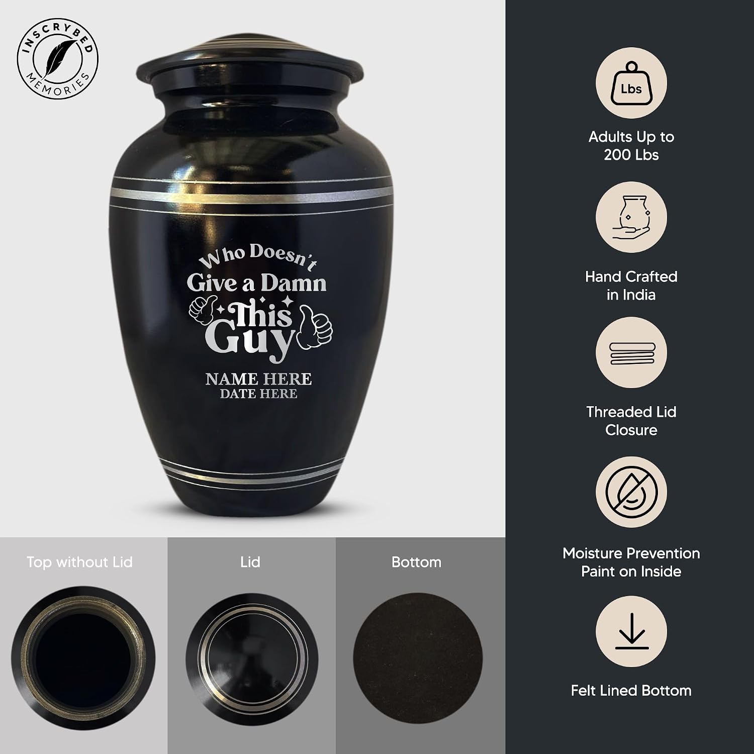 Personalized Human Cremation Urn for Men & Women Ashes - Engraved Aluminum Urn with Name & Humorous Who Doesn't Give a Damn Design -Vessel for Human Remains Up to 200 Lbs | Polished Silver Rim