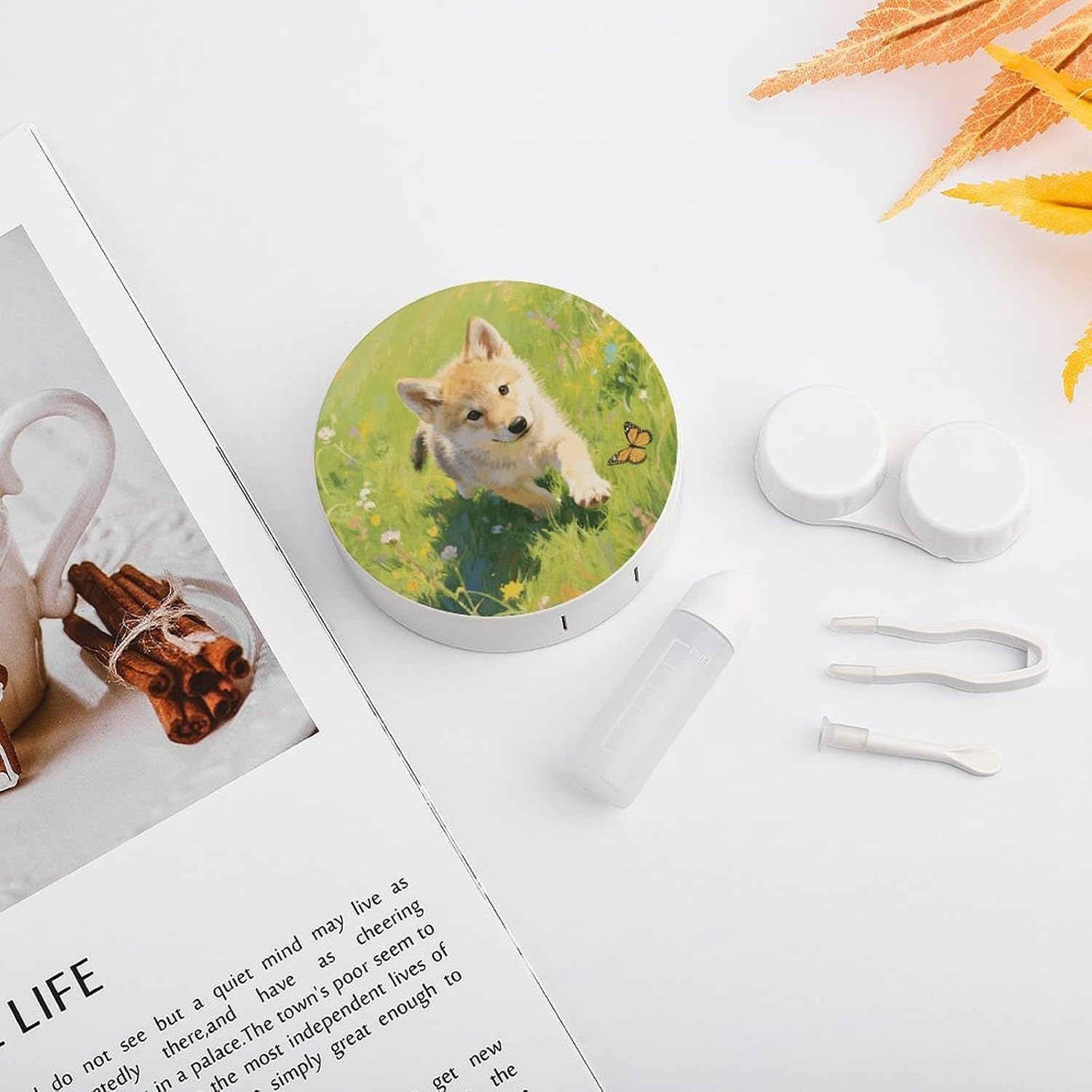 Small Wolf Contact Lens Case with Cleaner Washer Cute Contact Lens Soak Storage Holder Container with Mirror Mini Portable Contact Lens Box Set for Travel Outdoor Use