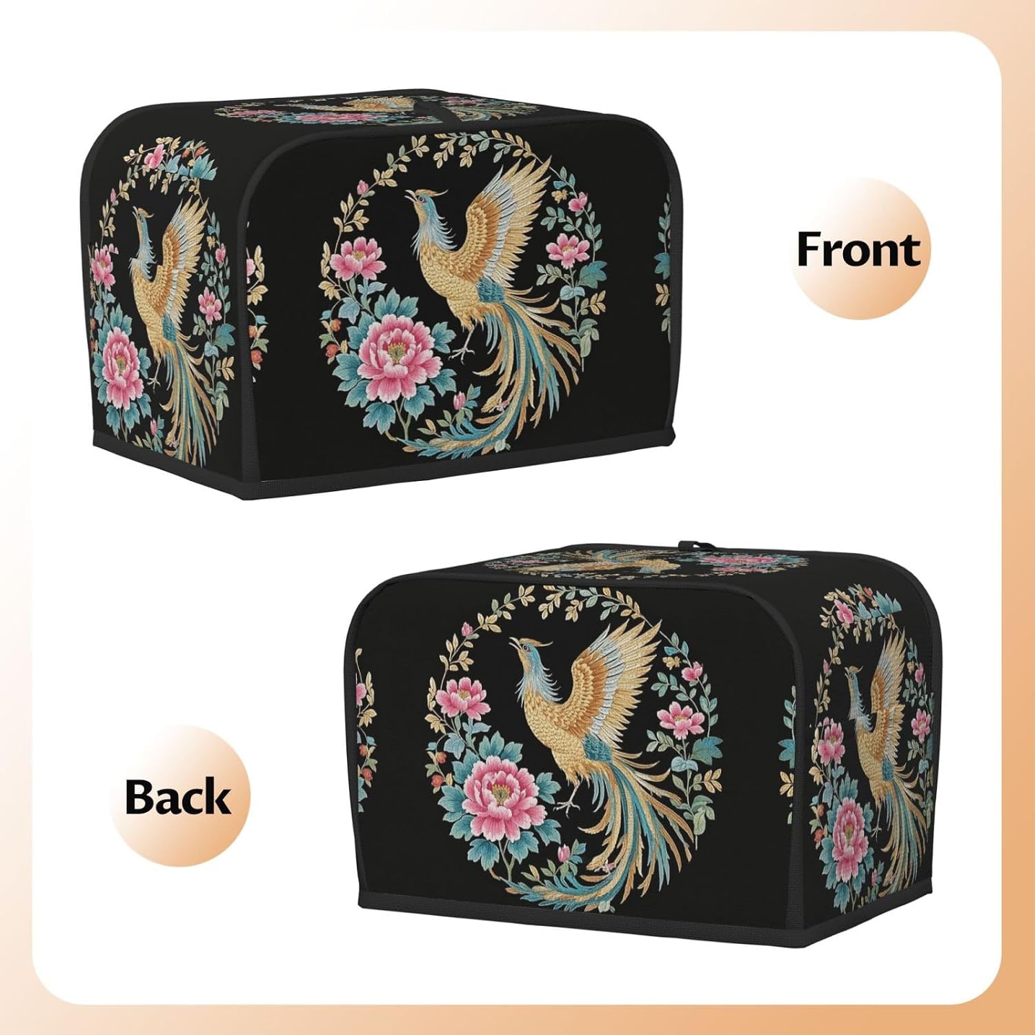 golden phoenix peony flower Toaster Cover 2 Slice, Waterproof Bread Machine Covers with Pockets Universal Size Kitchen Small Appliance Cover with Handle, Dust and Fingerprint Protection