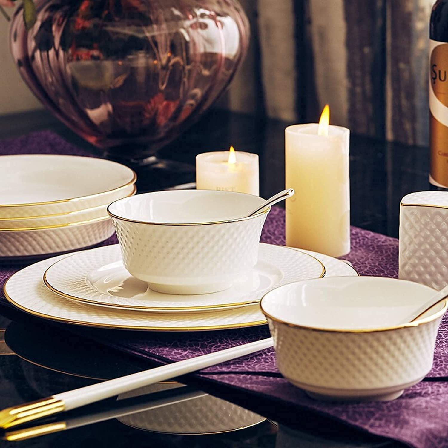 58-elementowy zestaw sztućców z wytłaczanej porcelany kostnej | Porcelanowy talerz do steków i miska na płatki, idealne na przyjęcia świąteczne i jako prezent ślubny,