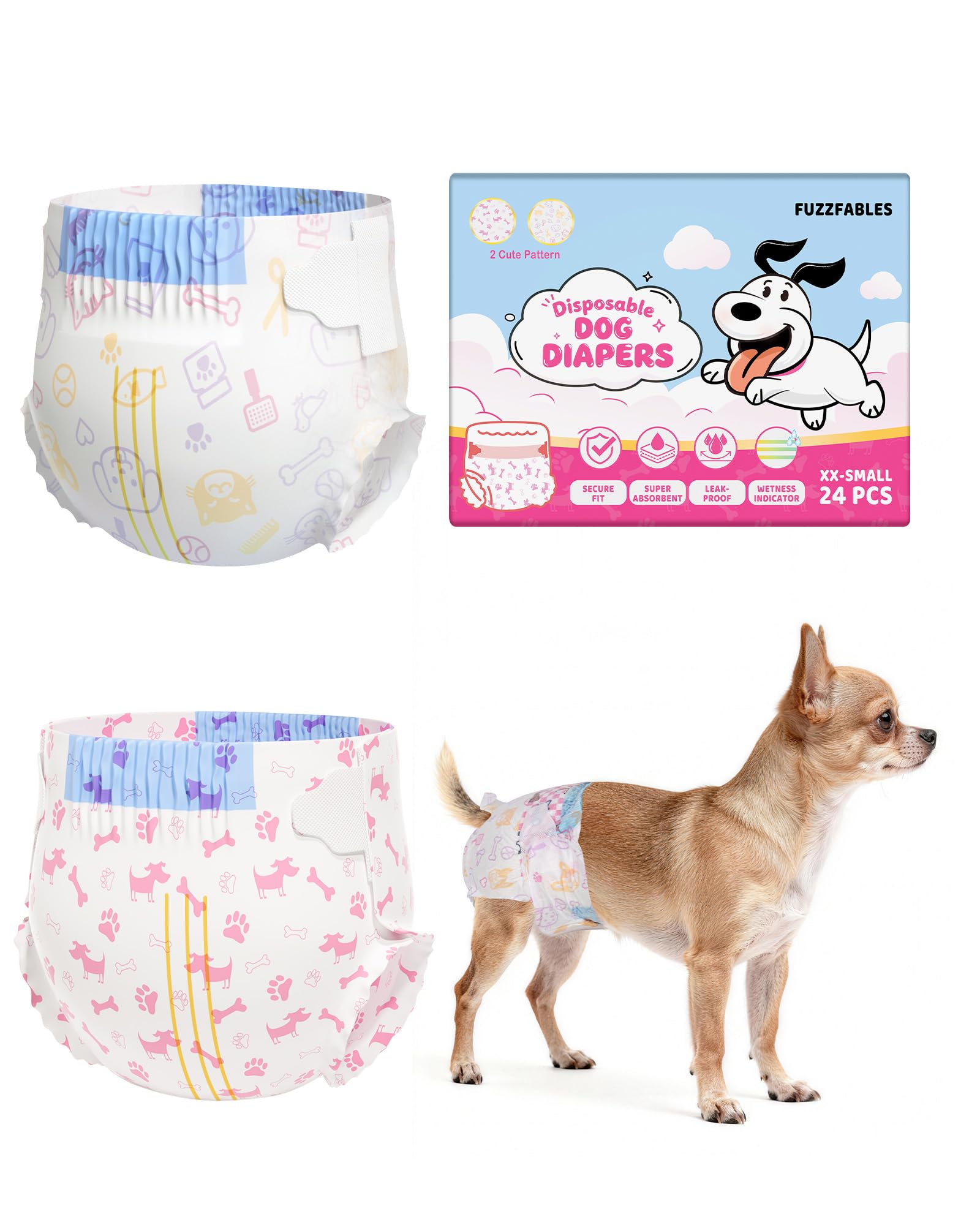 FuzzFables Disposable Female Dog Nappies, Super Absorbent Leak Proof with Wetness Indicator, 24 Count Pet Period Pants for Heat Cycle and Incontinence, Comfortable Adjustable Fit XXS