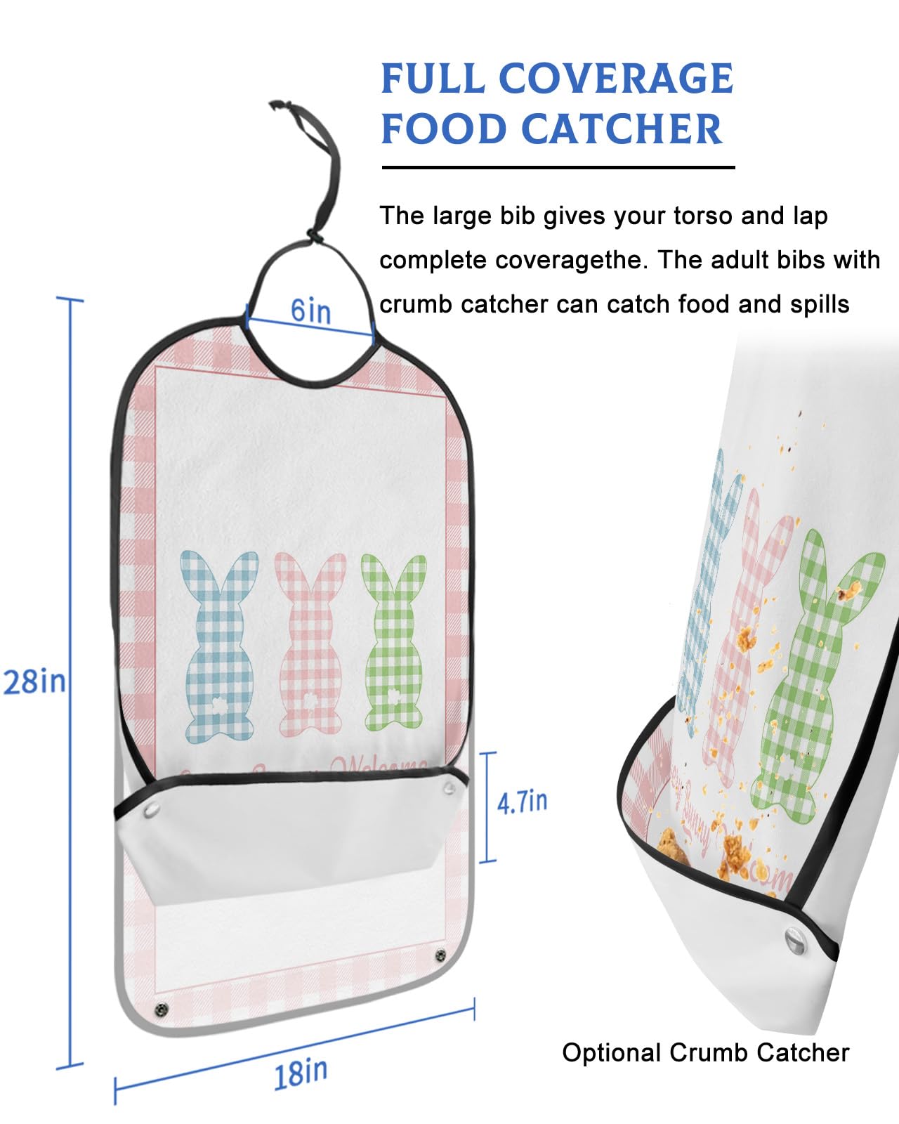 Spring Easter Adult Bibs for Eating, Waterproof Bibs with Food Catcher & Adjustable Snap Closure, Pink White Checkered Every Bunny Welcome Washable Clothing Protectors Adult Bibs for Elderly Women/Men