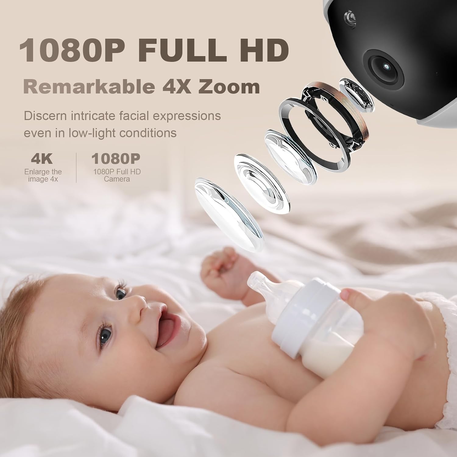 Baby in crib with monitor overlay showing 4X zoom capability