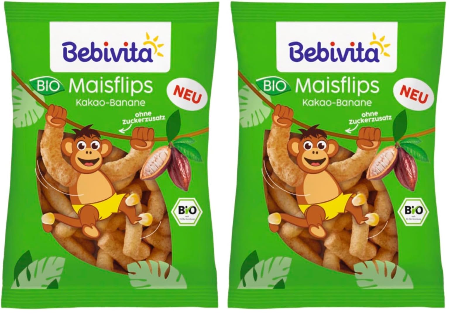 Bebivita BIO Maisflips Kakao-Banane (7 x 30g), ohne Zuckerzusatz, glutenfrei, ideal für zwischendurch & unterwegs (Packung mit 2)