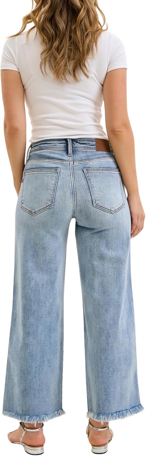 Judy Blue Womens Jeans - Mid Rise Ankle Wide Leg with Hollywood Waistband and Frayed Hem