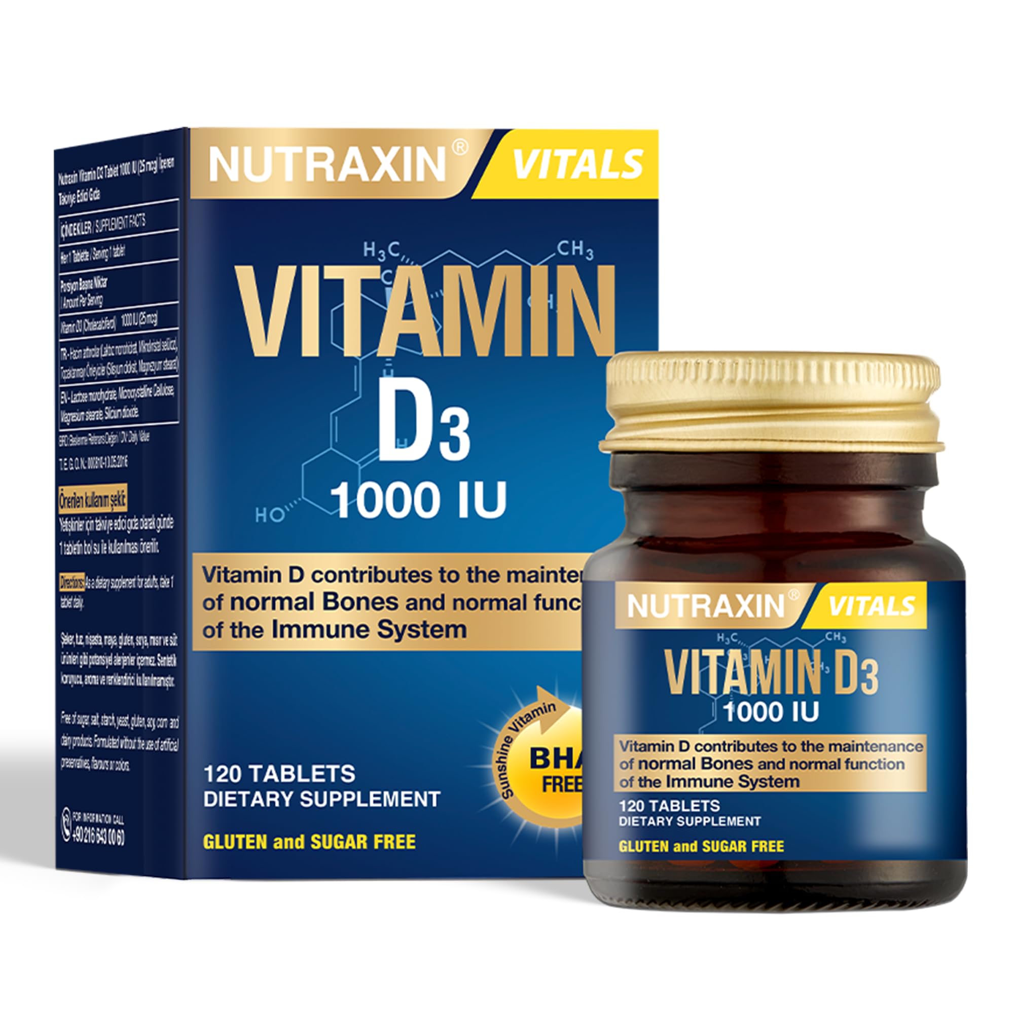 Nutraxin Vitamin D3 Tablets, 1000 IU – Contributes to The Maintenance of Normal Bones and The Normal Function of The Immune System - Non-GMO, Gluten-Free, Lactose-Free - 120 Tablets