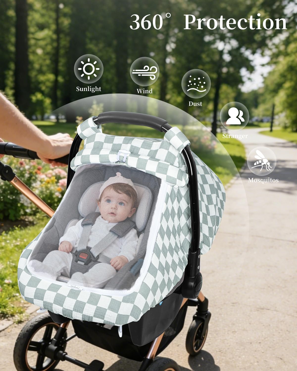 DILIMI Car Seat Covers for Babies, Muslin Cotton Baby Car Seat Cover with Breathable Mesh Window, Summer Infant Car Seat Canopy for Boys Girls Newborn, Green Plaid - 5