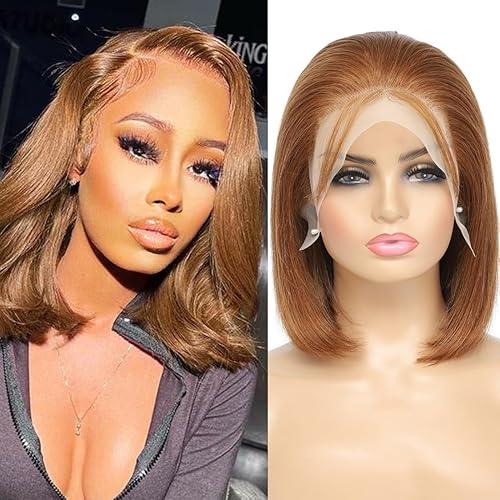 Peluca Bob de cabello humano lacio marrón chocolate con encaje frontal de 13 x 4, pelucas de cabello humano de 180 % de densidad, sin pegamento,