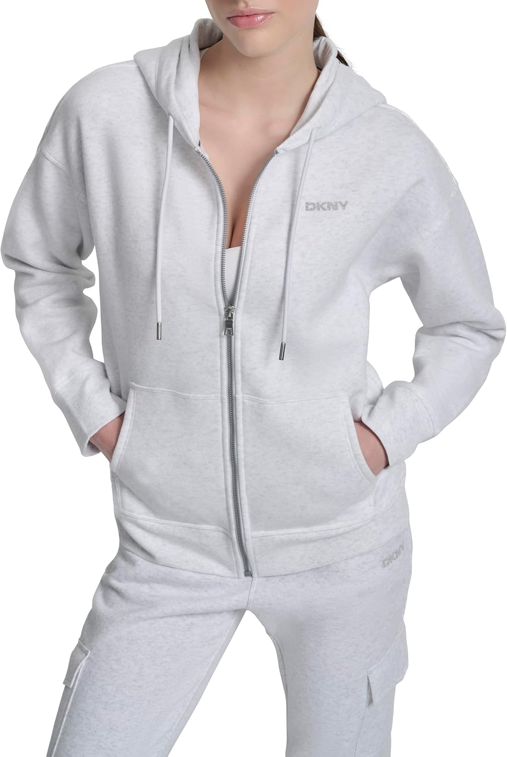 DKNY womens Mini Stud Logo Full Zip Hoodie Sweatshirt