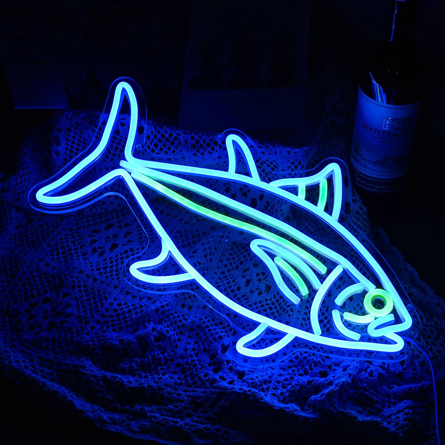 Neonowy znak tuńczyka, niebiesko-zielona ryba, neonowe znaki do dekoracji ścian, ściemniane znaki LED do sypialni, salonu, restauracji, biura, prezenty urodzinowe (40 cm x 25 cm)