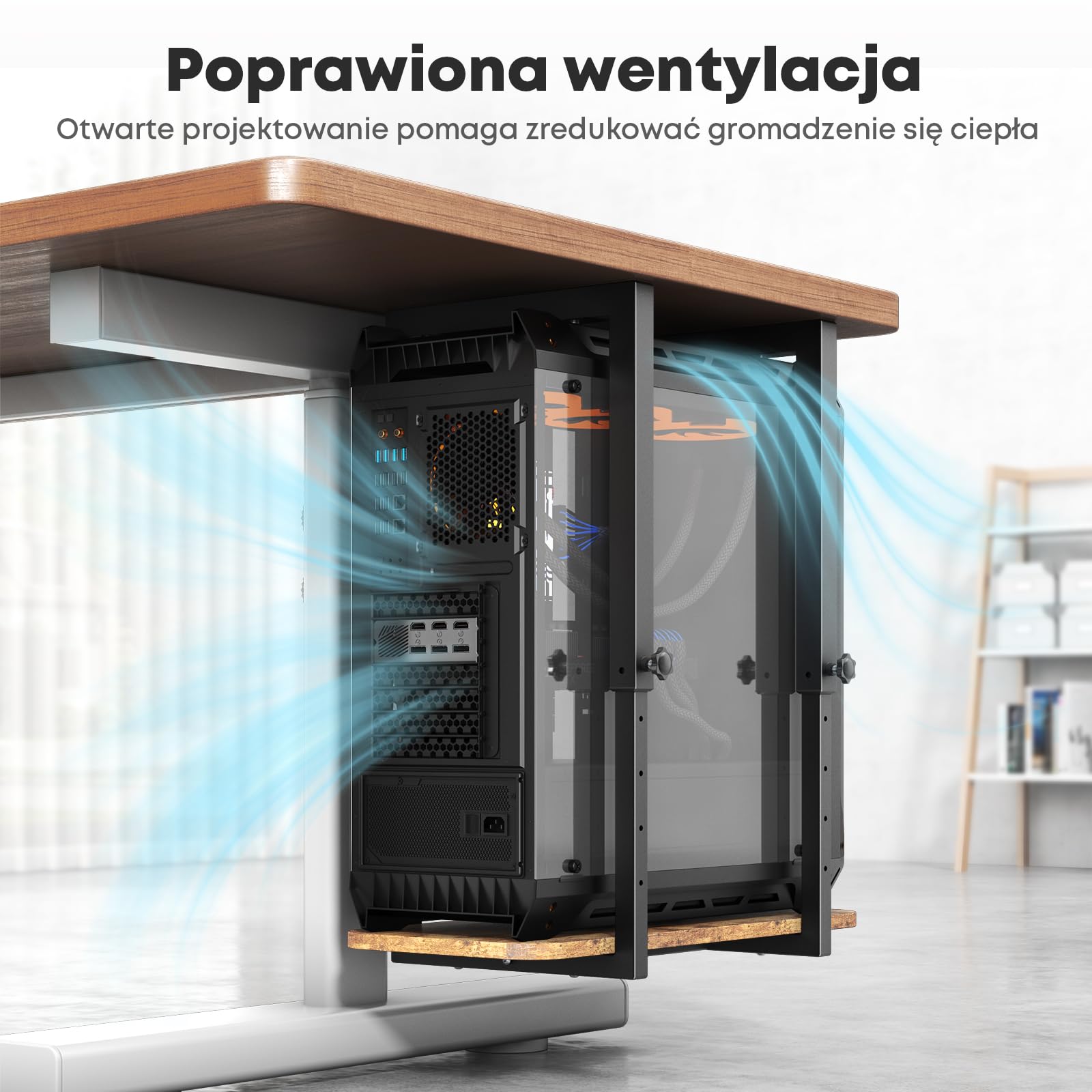 Solidny uchwyt PC pod biurko, regulowana wysokość – Uchwyt na obudowę PC, oszczędność miejsca, maksymalna waga 30 kg, Czarny & rustykalny brąz
