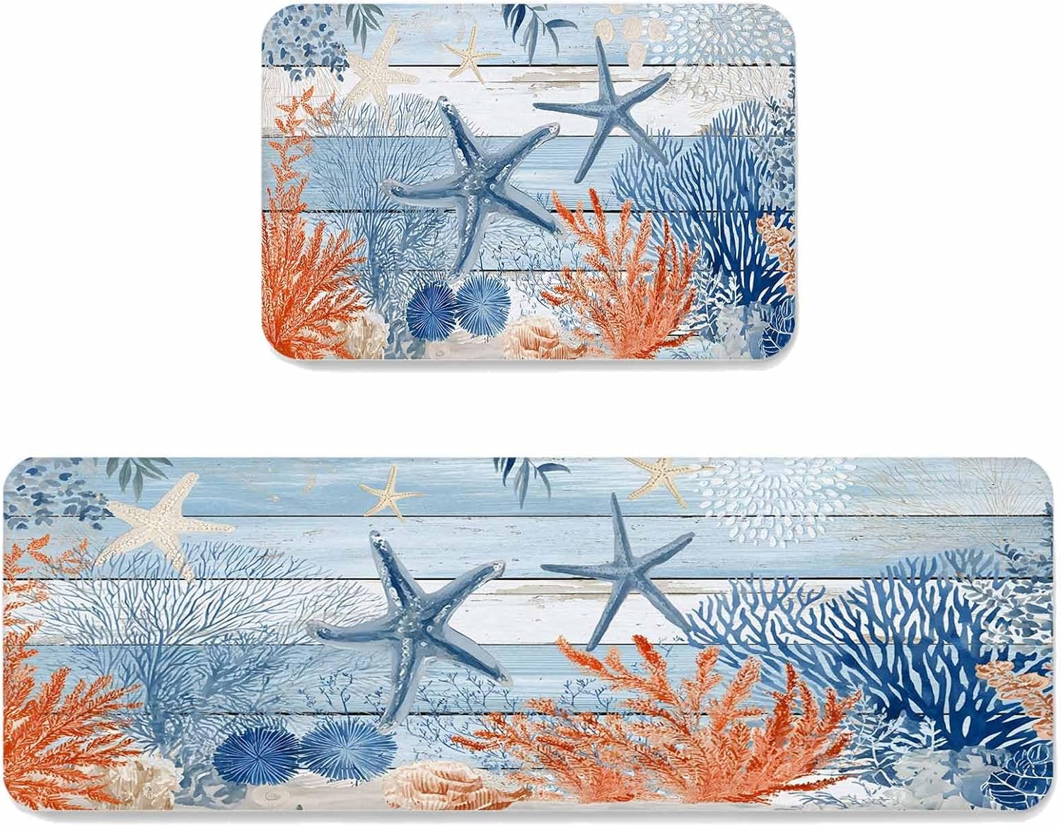 Summer Ocean Kitchen Mats Set of 2 Nautical Sea Orange Blue Starfish Corals Blue Wood Grain Non Slip Mat Washable Floor Rug for Kitchen Sink Floor Laundry, 20"x24"+20"x48"