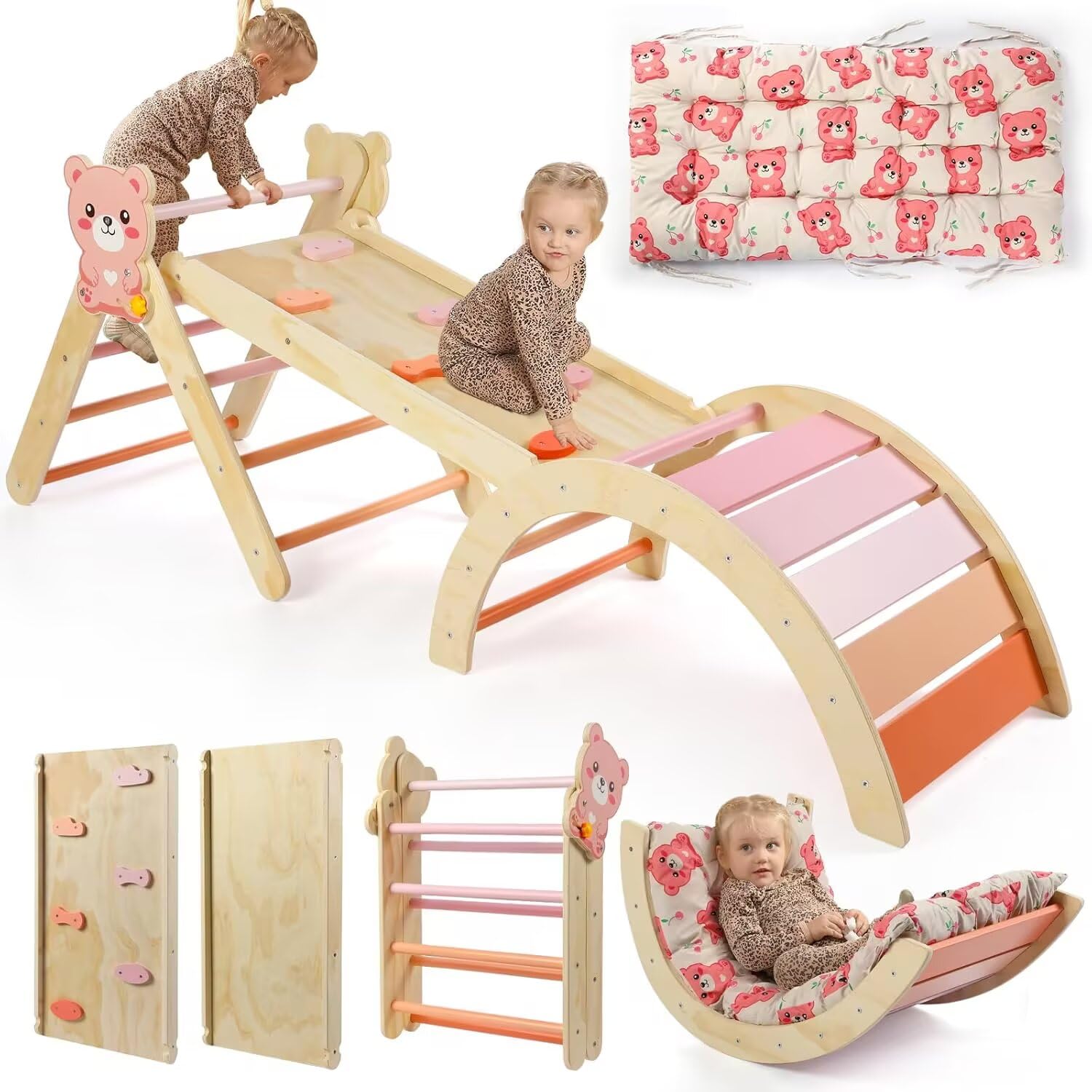 Pikler Triangle Set with Cushion, 7 in 1 Toddler Climbing Toys Indoor