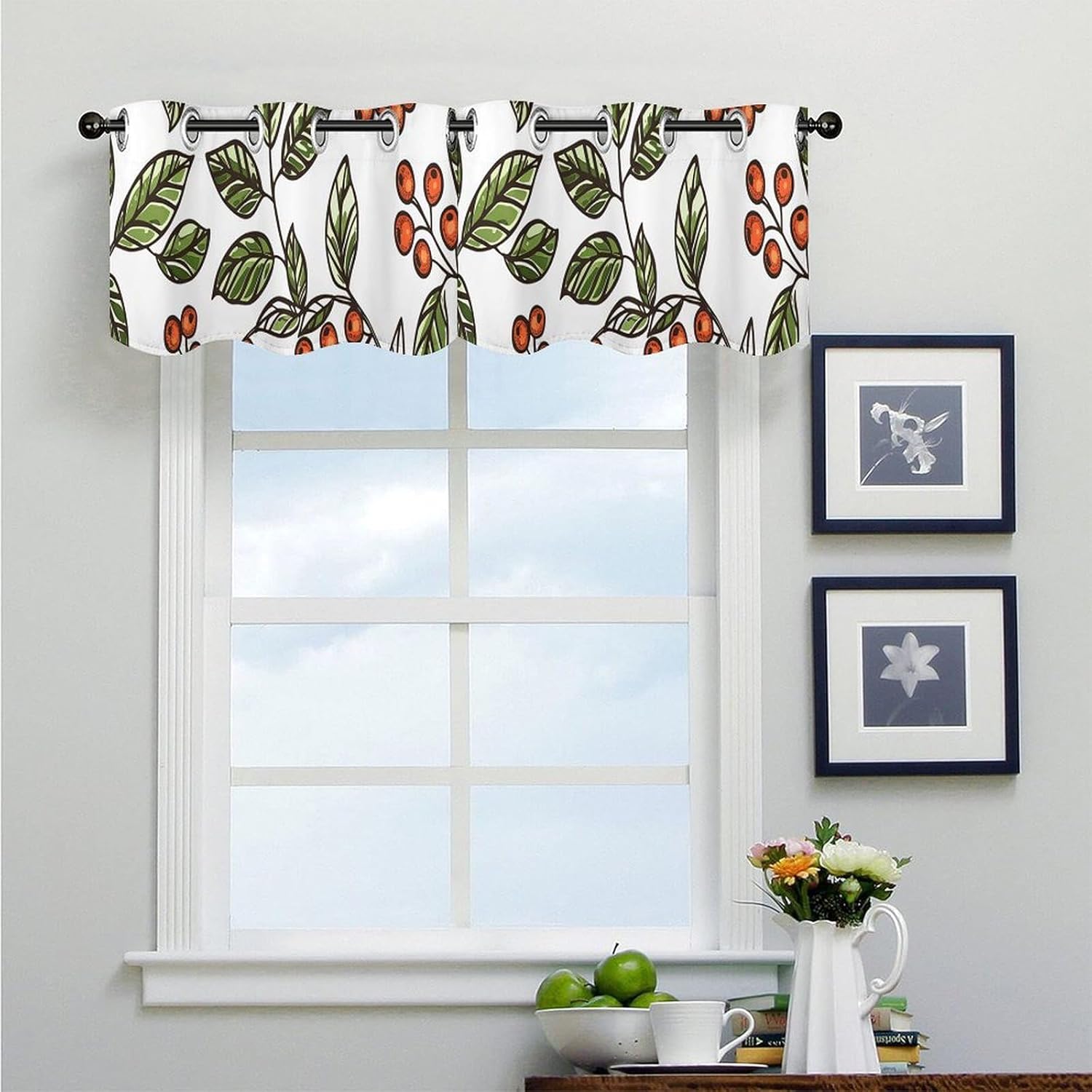 Leaves in Doodle Style Valance for Windows, 2 Pack Kitchen Curtains Modern Home Decor, Soft Blackout Window Curtains for Living Room & Bedroom, 18 X 52 Inch