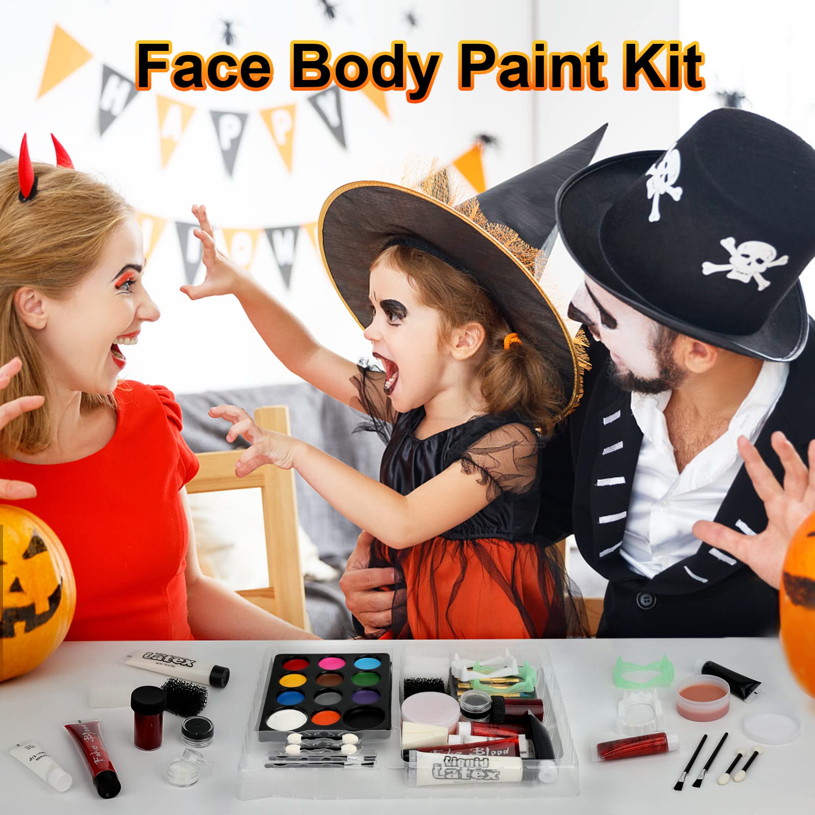 Maquillaje de Halloween - Kit de pintura facial familiar de Halloween, pintura facial y corporal para adultos y niños, todo en 1, juego de maquillaje de Halloween, pintura facial con sangre falsa para 2