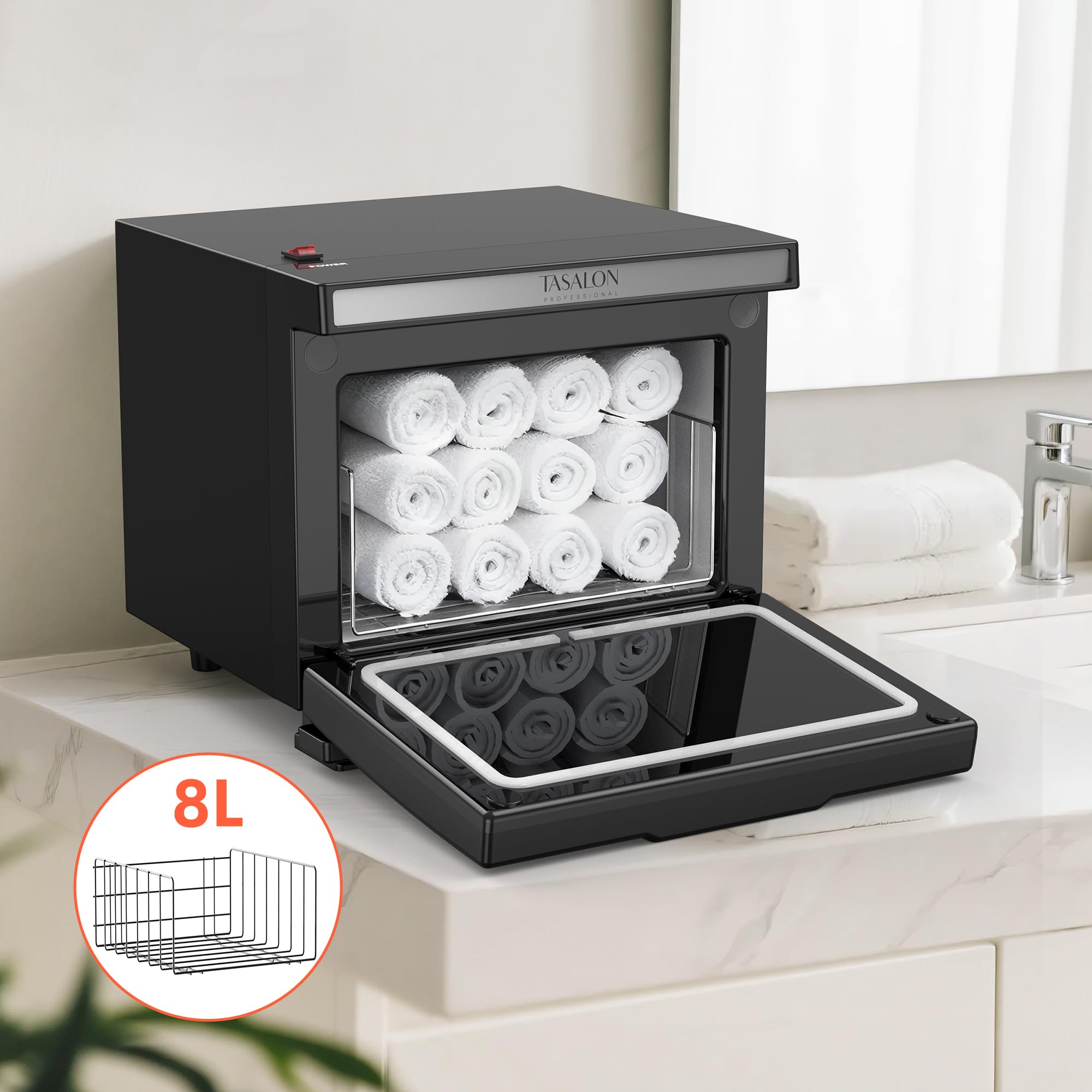 TASALON Scatola scaldasalviette da 8 litri, camera interna in alluminio, vassoio rimovibile, riscaldamento rapido per salone di bellezza e massaggio, nero