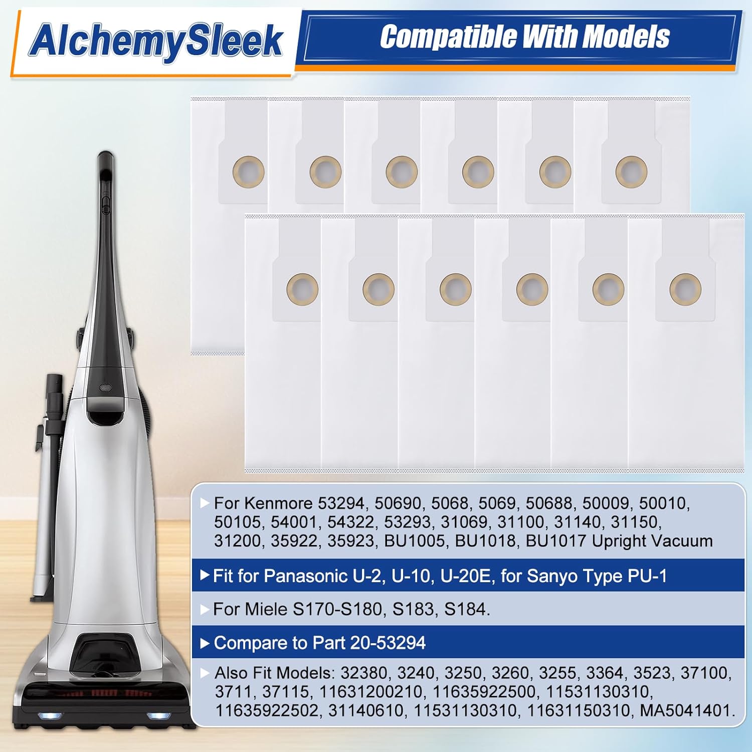 12 Pack 53294 Style O HEPA Cloth Vacuum Bags for Kenmore 5068 50105 53294 BU1017 31140 31150 53293,Type O Elite Vacuum Bag for Kenmore Progressive Upright Vacuum Cleaners, Part 20-50690