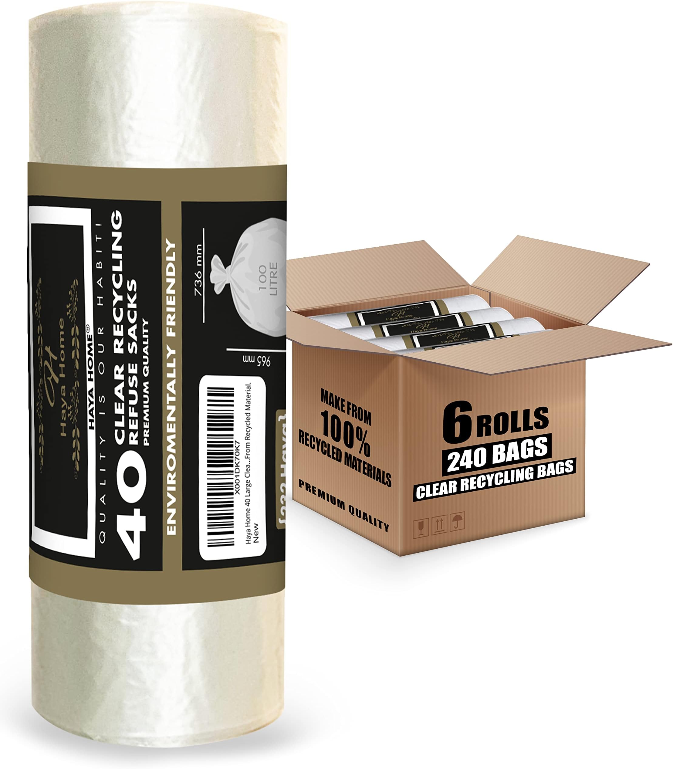 Haya Home 100L 6 rolls 240 Large Clear recycling bags Transparent Recycling Bin Bags, Rubbish Bags and Refuse Sacks 120 Gauge Bin Liners Heavy Duty Bin Bags Large Waste Bags 100% Recycled Material