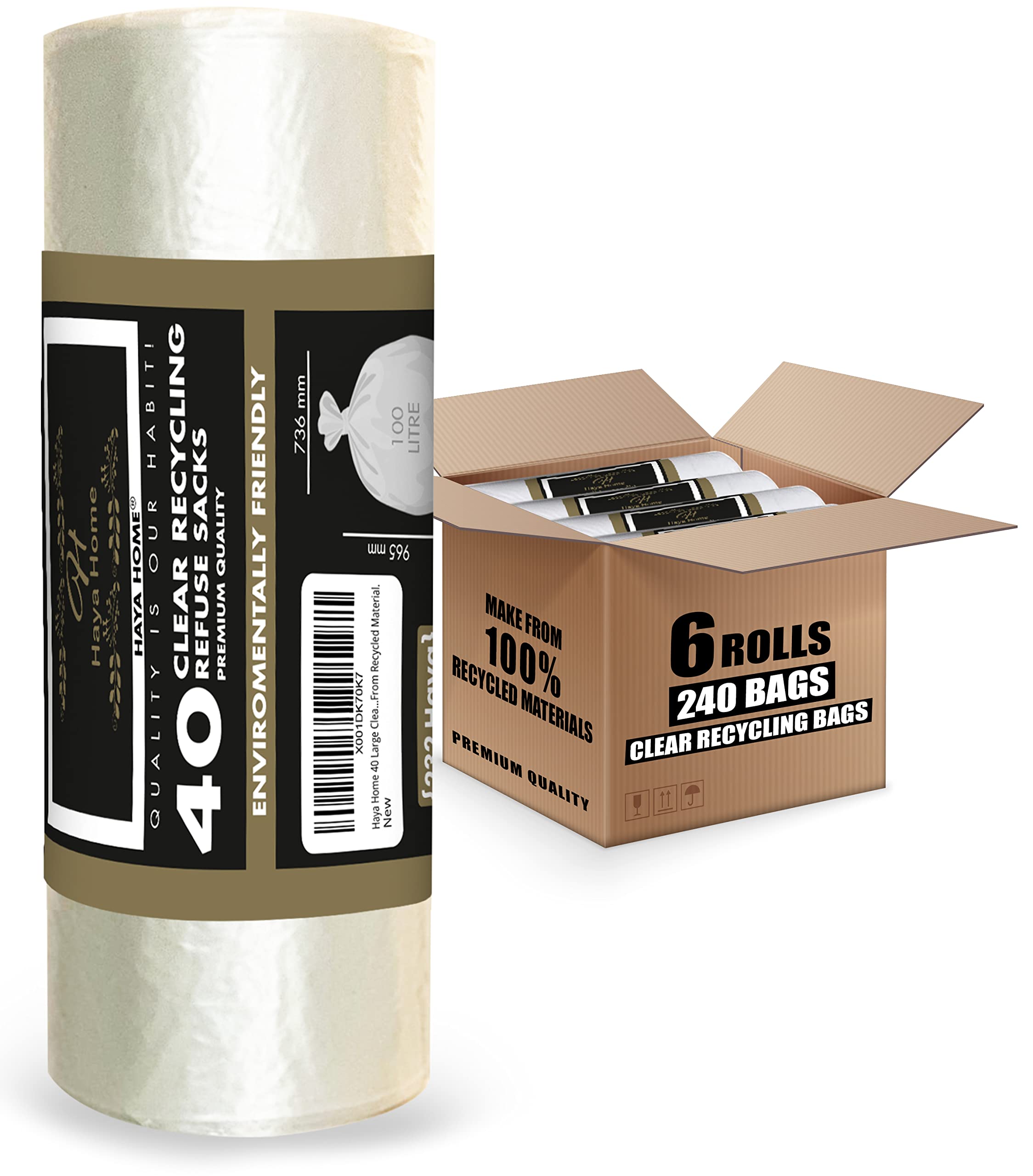 Haya Home 100L 6 rolls 240 Large Clear recycling bags Transparent Recycling Bin Bags, Rubbish Bags and Refuse Sacks 120 Gauge Bin Liners Heavy Duty Bin Bags Large Waste Bags 100% Recycled Material