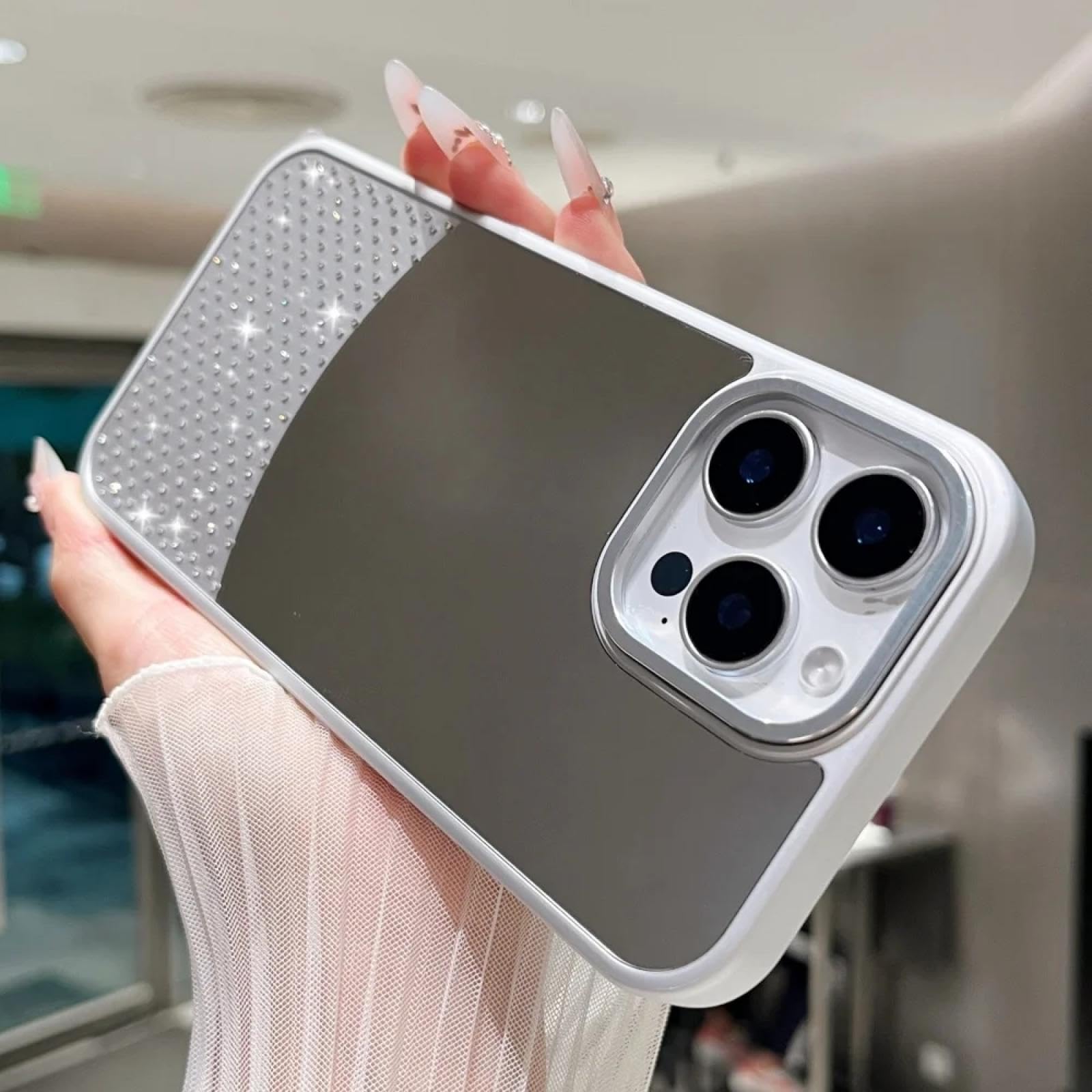 Coque miroir de maquillage luxe strass argent pour iPhone 15 Plus - 4