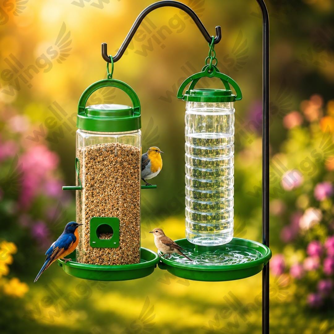 WELLWINGS Hanging Bird Feeder for Outdoor Garden - Large Plastic Wild Bird Food Feeder Station for Balcony, Yard & Patio (Combo)