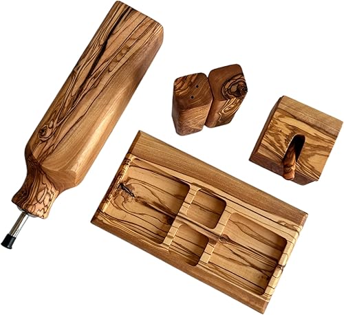 Miniatura 6 de Juego de botellas de aceite de madera de olivo orgánico y salero y pimentero: elegancia rústica para tu cocina