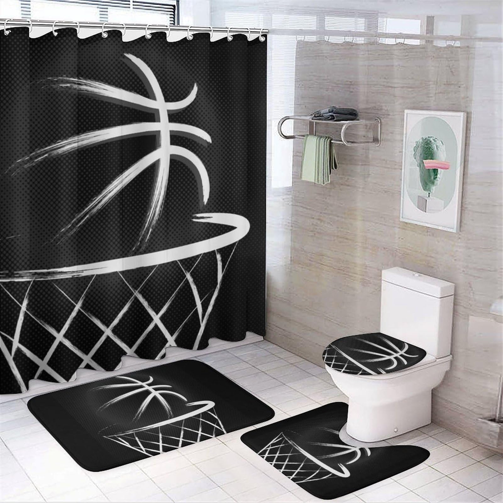 JiuPopular Bathroom Mat Set 4 Piece, Basketball Shower Curtain with Non-Slip Bath Mats for Bathroom