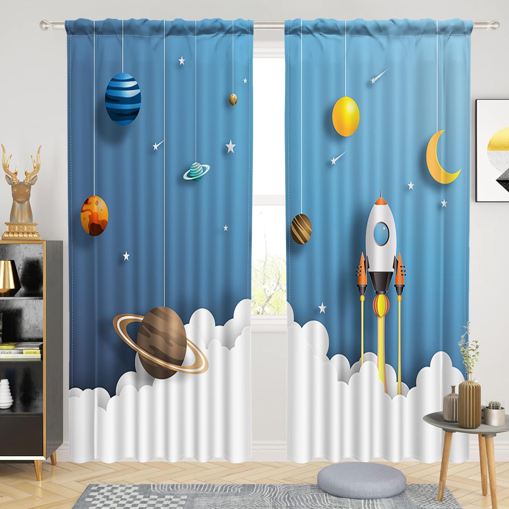 Rideaux occultants pour chambre garçon à motif espace bleu nuit lot de 2