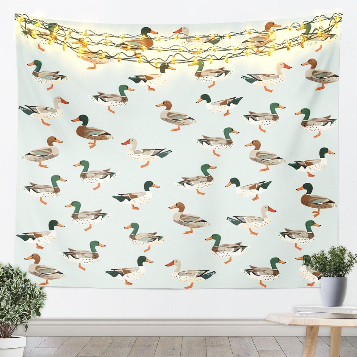 Feelyou Duck Pattern Tapestry Green Ducks Wall Art for Living Room Bedroom Wildlife Wall Hanging Blanket Home Decor Small 51"x59"
