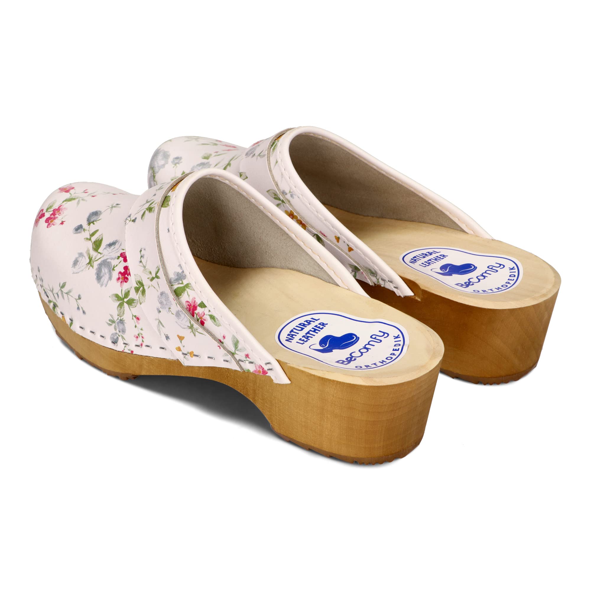 BeComfy Sabots en Cuir pour Femme Mules à Talons en Bois Étoiles Fleurs Colorées Bleu Blanc 35-41 EU