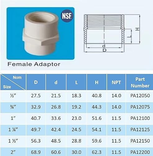 Miniatura 7 de Rainbow Dream Adaptador hembra de PVC de 1-14 pulgadas (enchufe x rosca hembra) - 6 unidades, color blanco