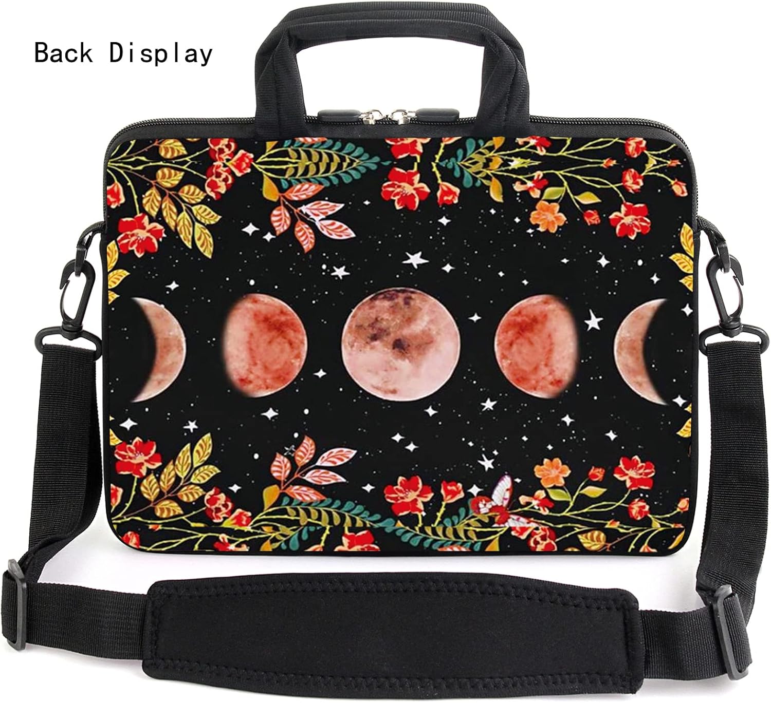 AMARY 15.4" 15.6" laptop sleeve adjustable shoulder strap with handle accessory pocket for men women (Flowers Moon) - Image 3