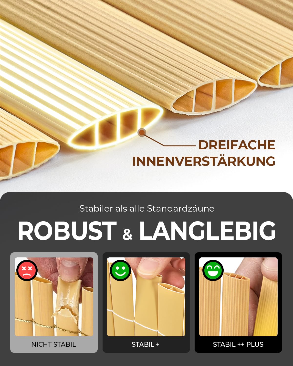 paramondo Canisse en PVC, Brise Vue en PVC pour Jardin, Balcon, Terrasse et Piscine, Pare-Vue Revêtement de Balcon Clôture Renforcées Triple, Résistantes aux UV et aux Intempéries, 80 x 300 cm, Bambou