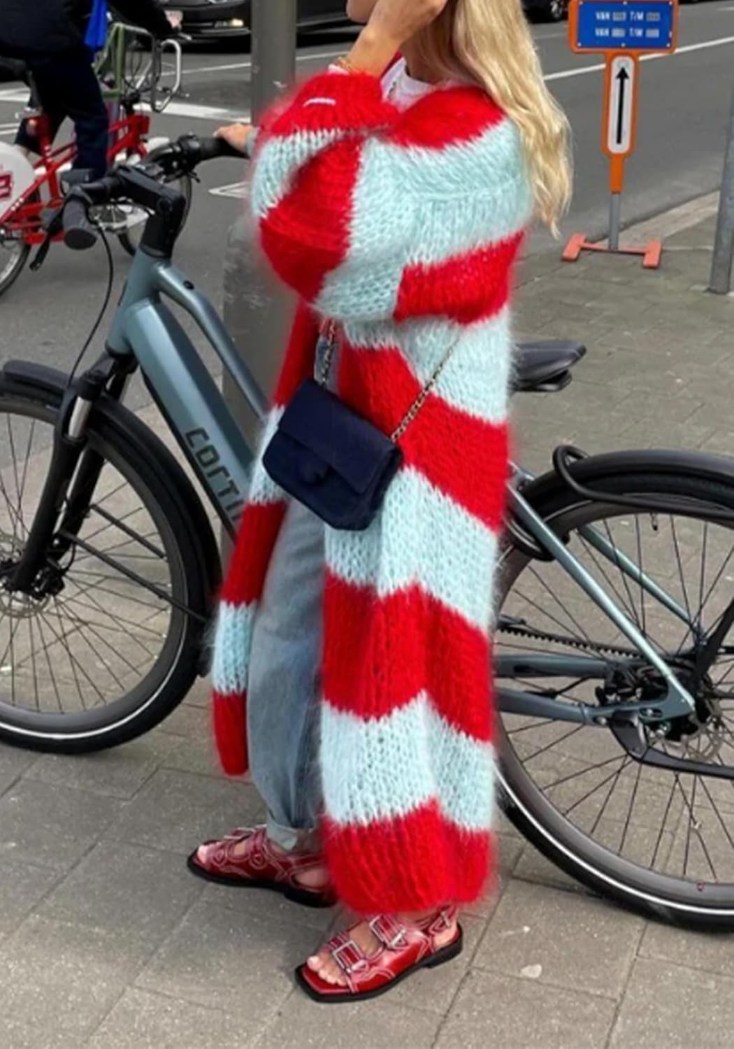 Womens Color Block Striped Long Cardigan Sweaters Open Front Fuzzy Chunky Cardigans Casual Loose Knit Coats - Image 3