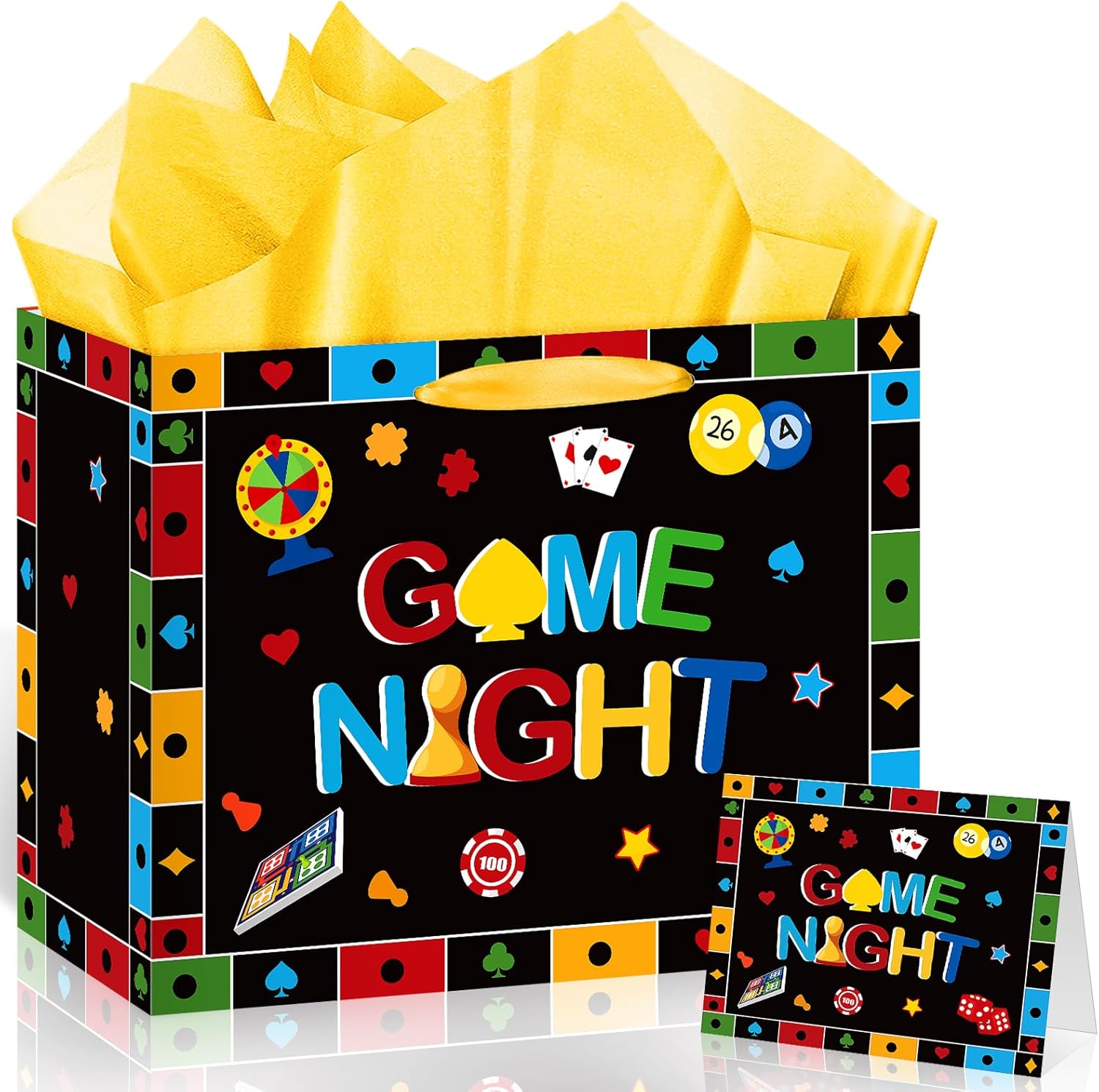 Neptniopllab Game Night Gift Bag with Card and Tissue Papers,Gaming House Board Games Themed Birthday Bag for Boys Kids Game Night Party Decorations Supplies