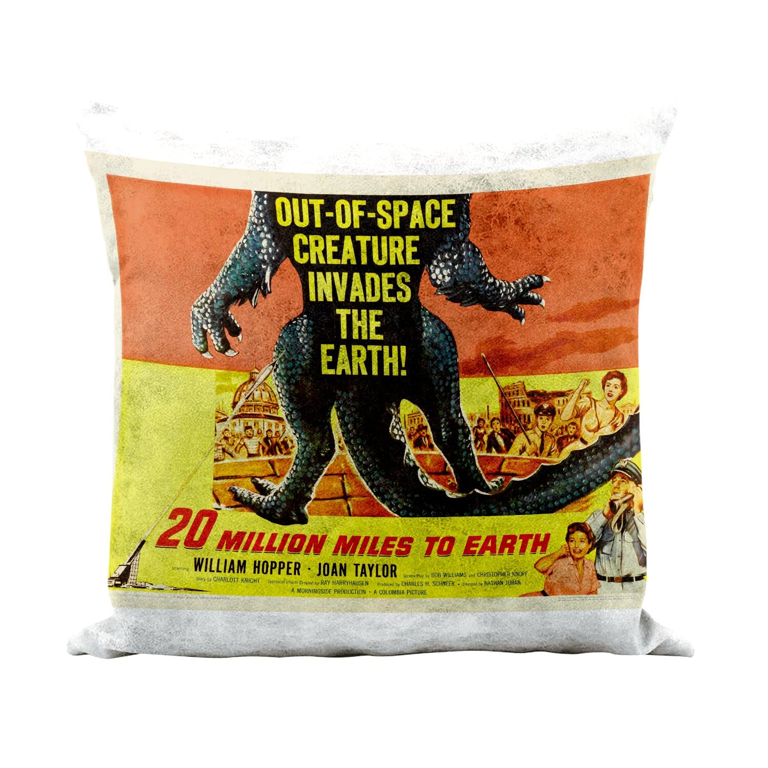 Coussin vintage 20 Million Miles to Earth similicuir blanc pour amateurs de cinéma nostalgique