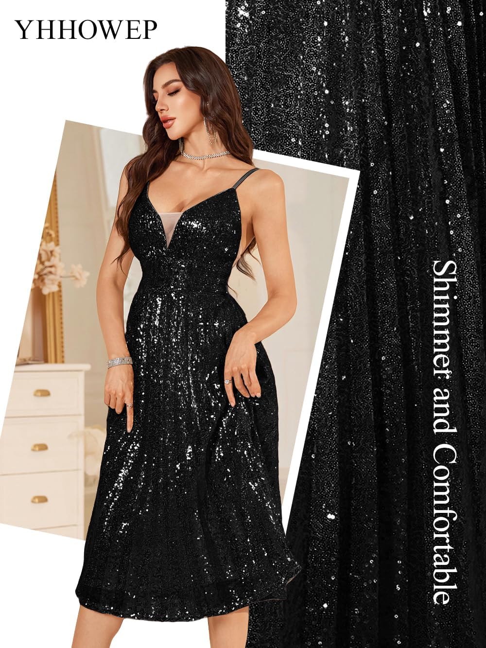 Sequin Sparkly Dress for Women Glitter Empire Waist Spaghetti Straps Backless Pleated Cocktail Evening Party Dresses