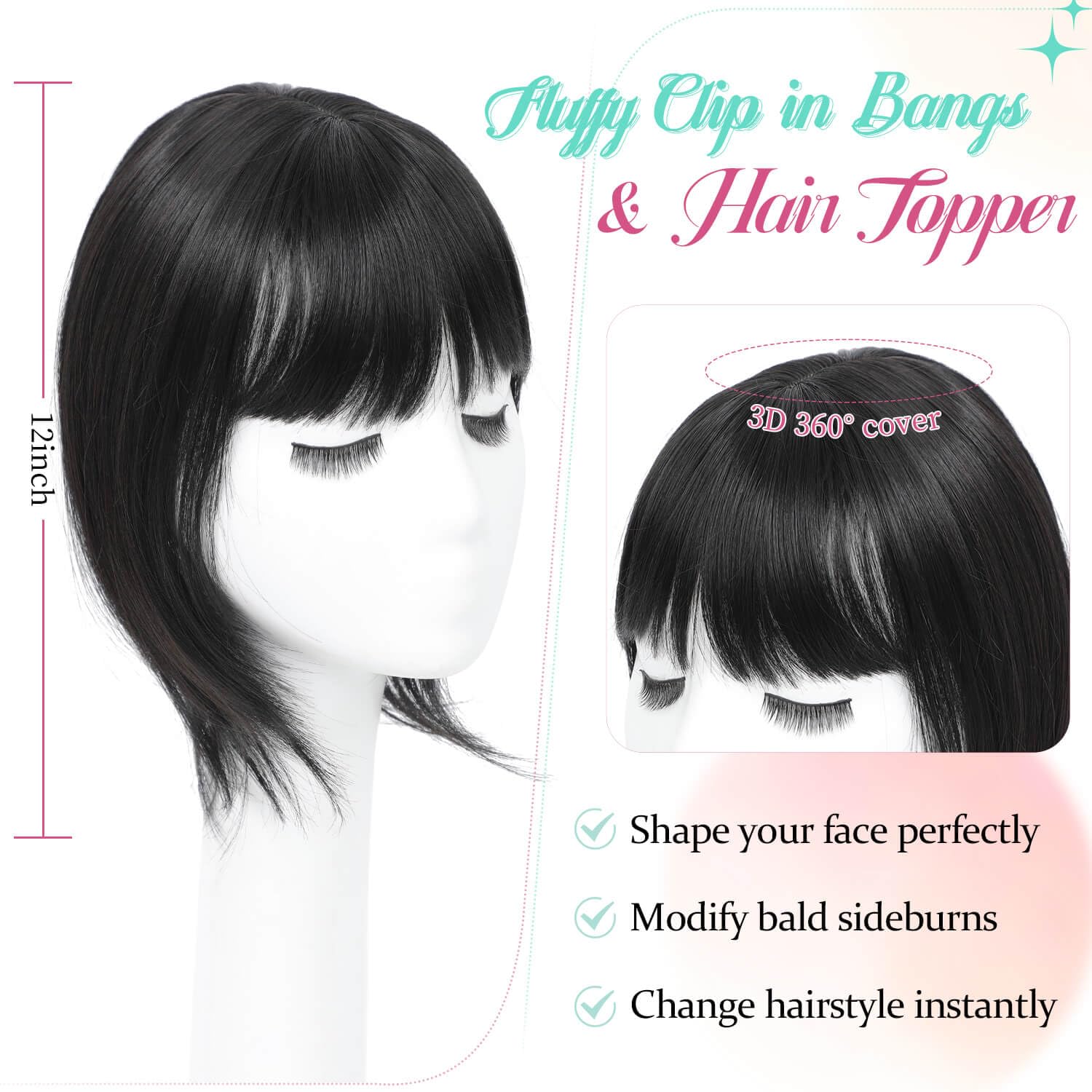 Peonymebeauty 3D Cover Bangs Hair Toppers for Thinning Hair 4"X5" Base Topper with Fringe Heat Resistant Synthetic 12 Inch Natural Straight Short Bob Hairpieces for Women Daily Wear(Natural Black) - Image 2