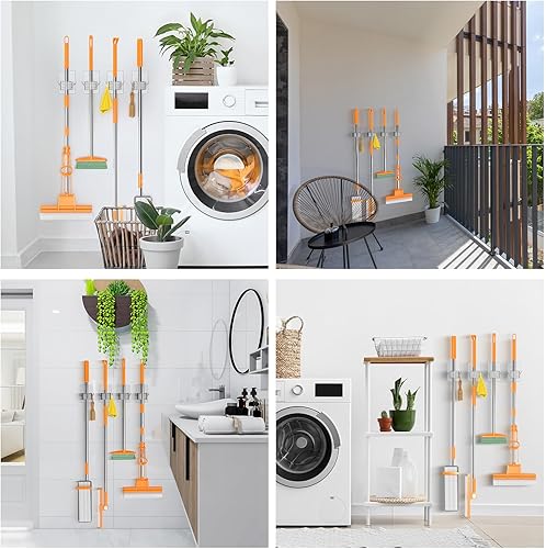 Miniatura 7 de Batur Soporte de pared para escoba, paquete de 4 soportes adhesivos para trapeador y escoba, soporte de pared, súper antideslizante, organizador de