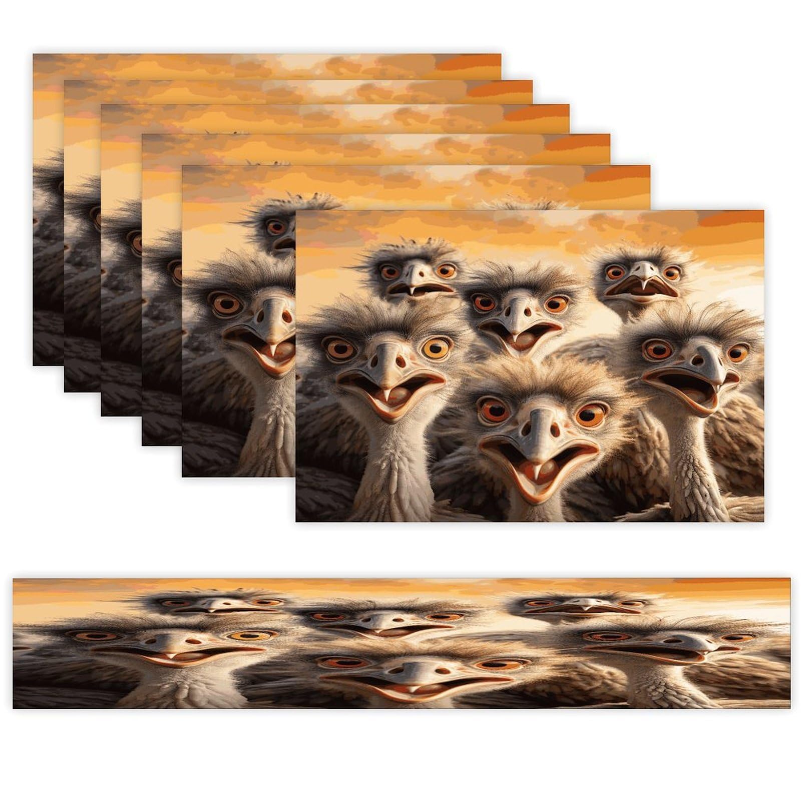 A Flock of Ostriches Table Runner and Placemats Set of 6 Wipe Clean Heat Resistant Table Mat with Table Runner Decorations Flax Linen Place Mat Set for Home Kitchen Party Supplies