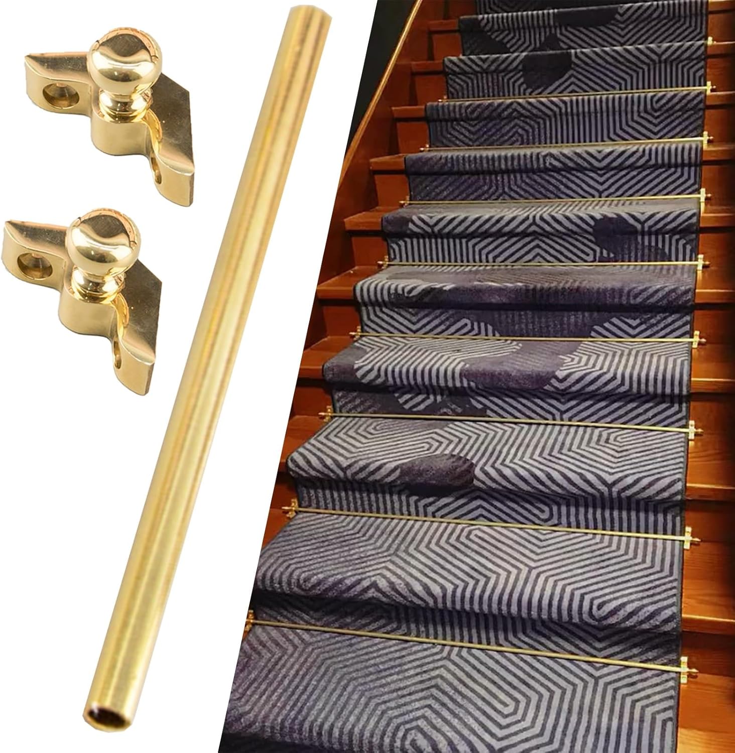 Bright Brass Stair Rods for Carpet Runners - 28in (71.1cm) Adjustable Fixing Rods with Detachable Finials for Indoor/Outdoor Staircases (1 pc)