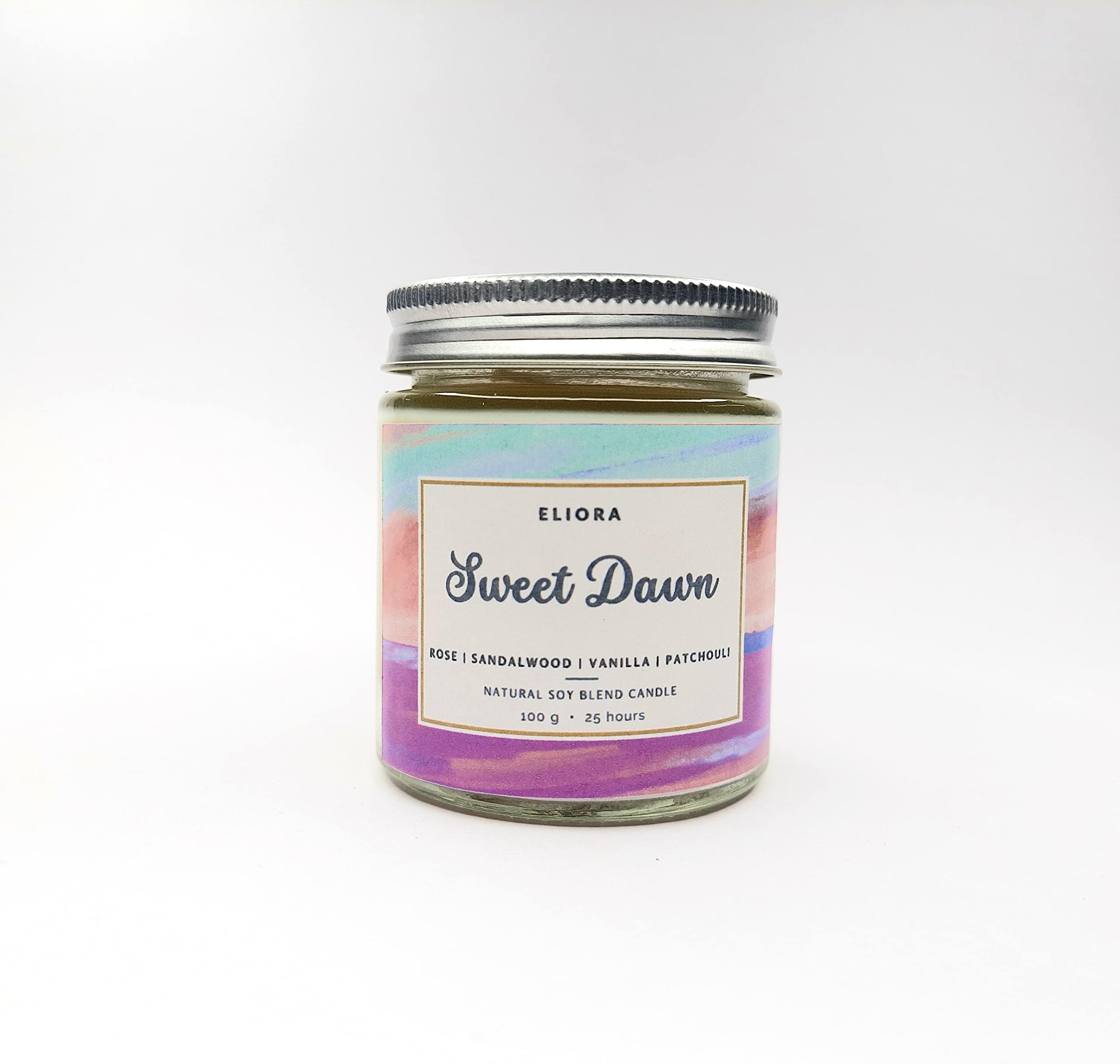 Eliora Sweet Dawn (Scented Soy Blend Glass Jar Candle) (Fragrance Blend: Rose, Sandalwood, Vanilla and Patchouli) (Small)